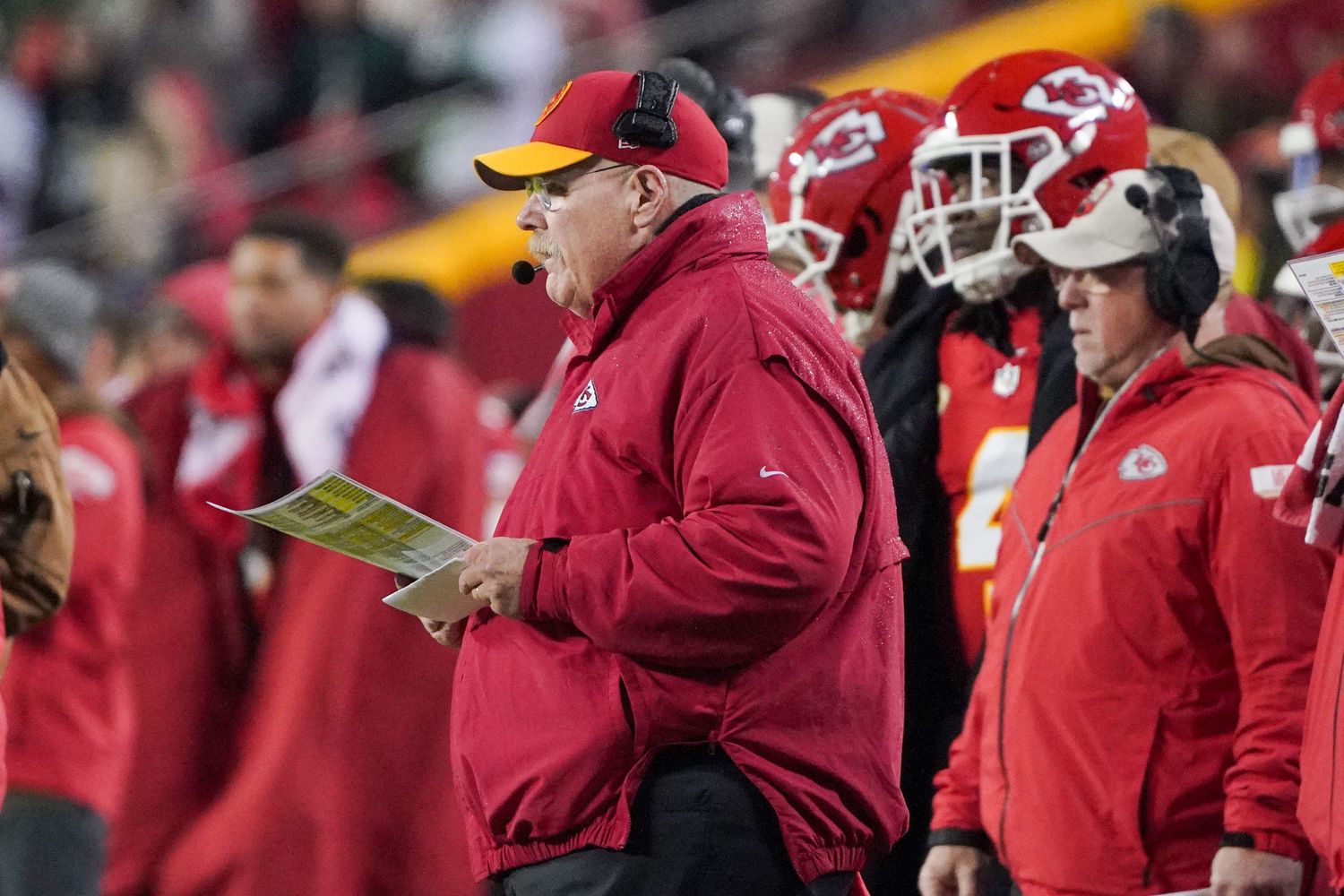 Nov 20, 2023; Kansas City, Missouri, USA; Kansas City Chiefs head coach Andy Reid watches play against the Philadelphia Eagles during the second half at GEHA Field at Arrowhead Stadium. Mandatory Credit: Denny Medley-USA TODAY Sports  